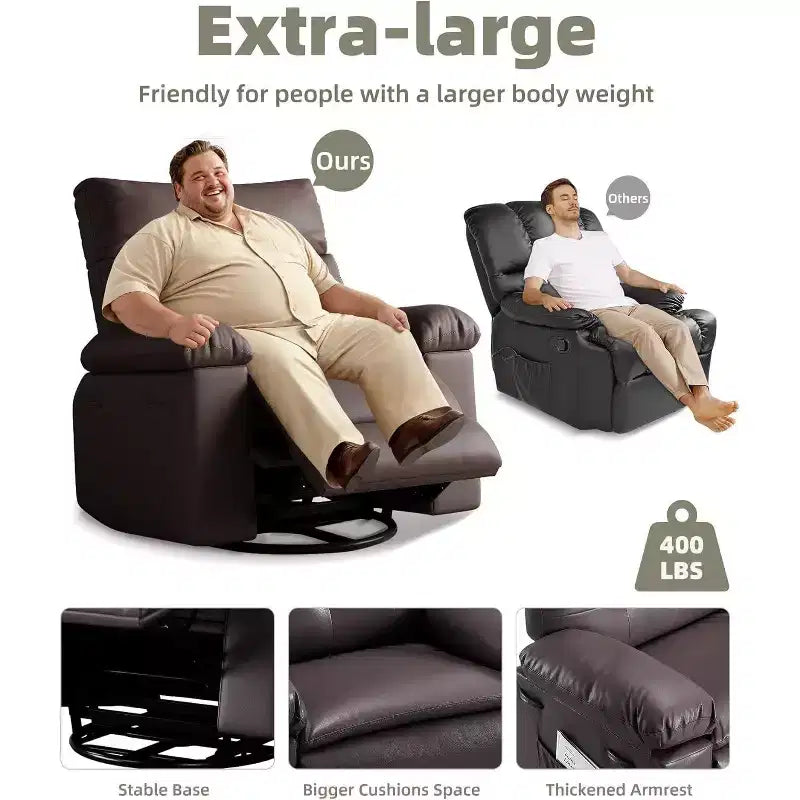 Fauteuil inclinable à bascule pivotant surdimensionné, large fauteuil inclinable manuel en cuir PU