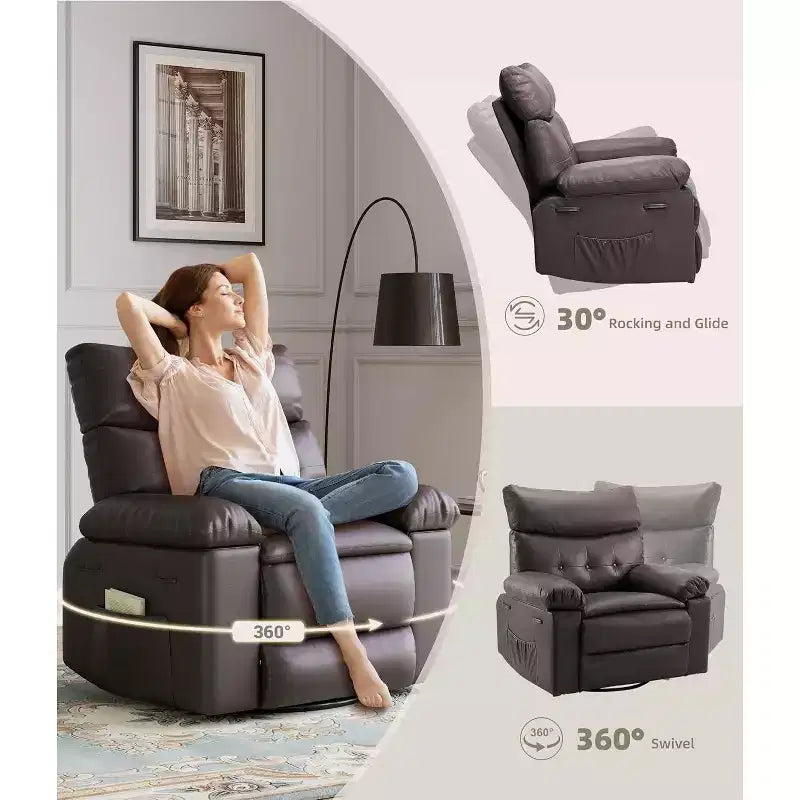 Fauteuil inclinable à bascule pivotant surdimensionné, large fauteuil inclinable manuel en cuir PU