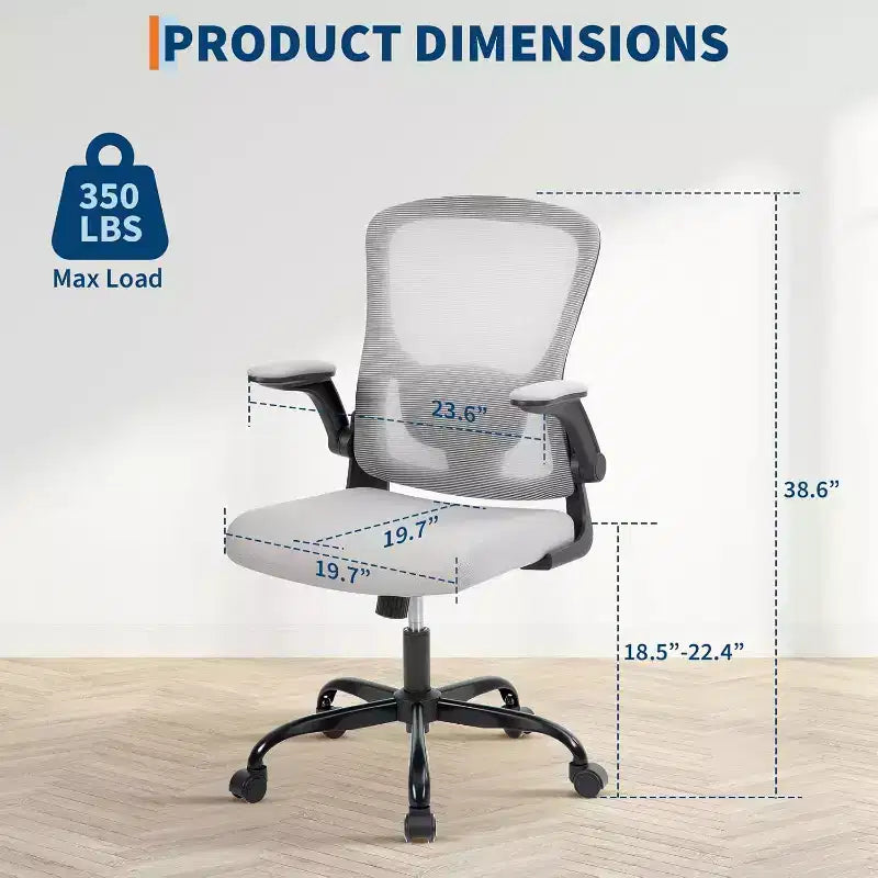 Chaise de bureau ergonomique à dossier haut en maille grise, hauteur réglable