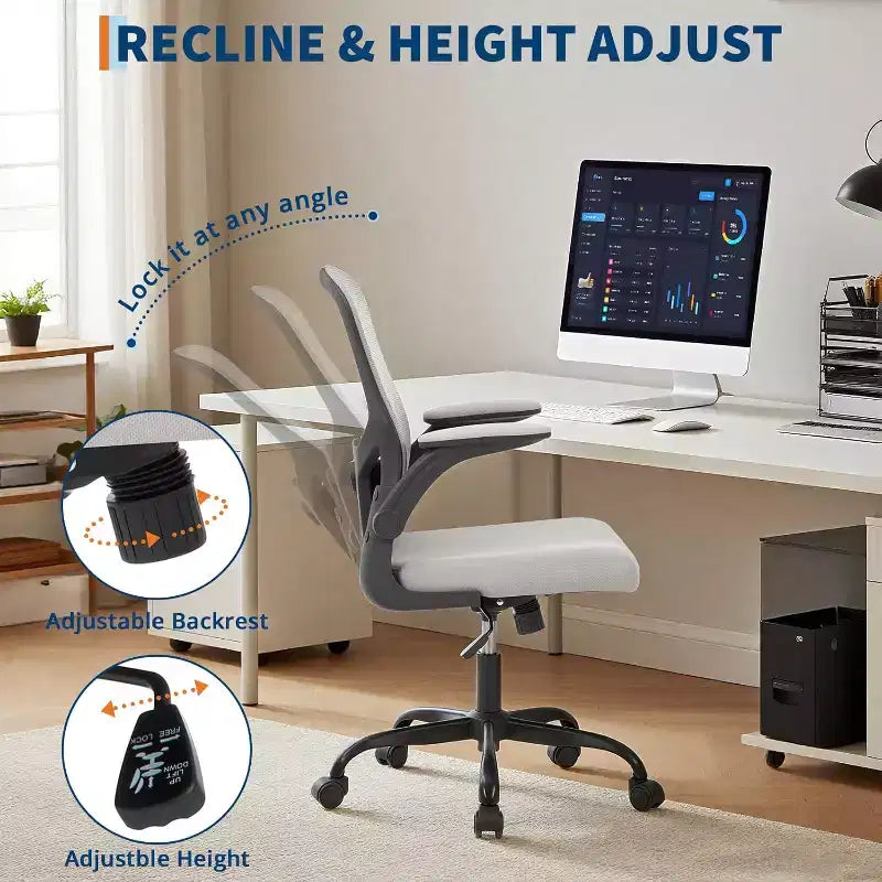 Chaise de bureau ergonomique à dossier haut en maille grise, hauteur réglable