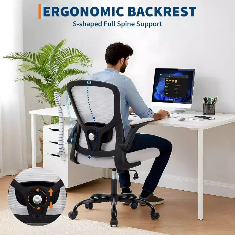 Chaise de bureau ergonomique à dossier haut en maille grise, hauteur réglable