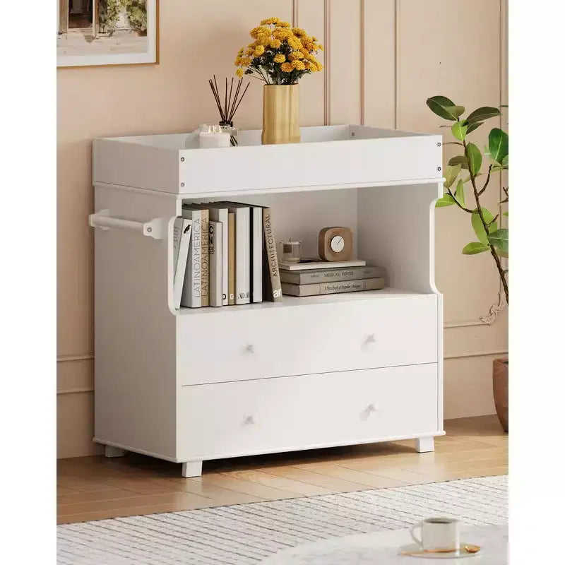 Baby Changing Table Dresser,Modern Wooden Diaper Changing Station with 2 Drawers,Multi-Functional Infant Diaper Station for Nursery Room, Bedroom
