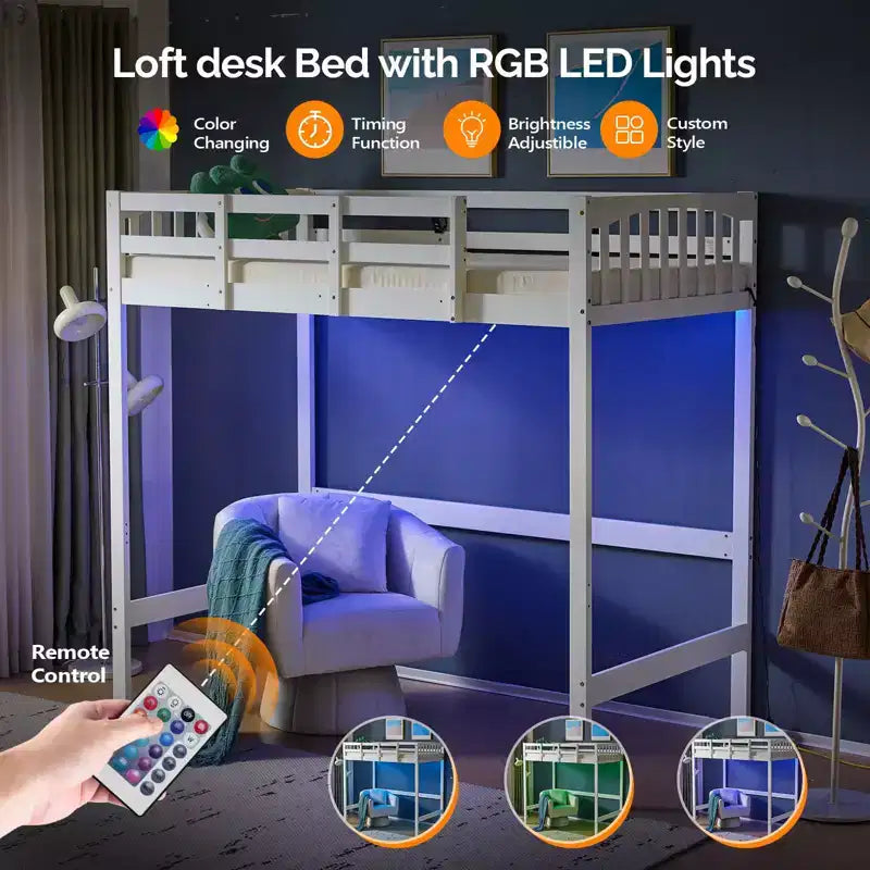 Lit mezzanine en bois massif taille double/complète avec station de recharge USB/LED avec barreaux plats