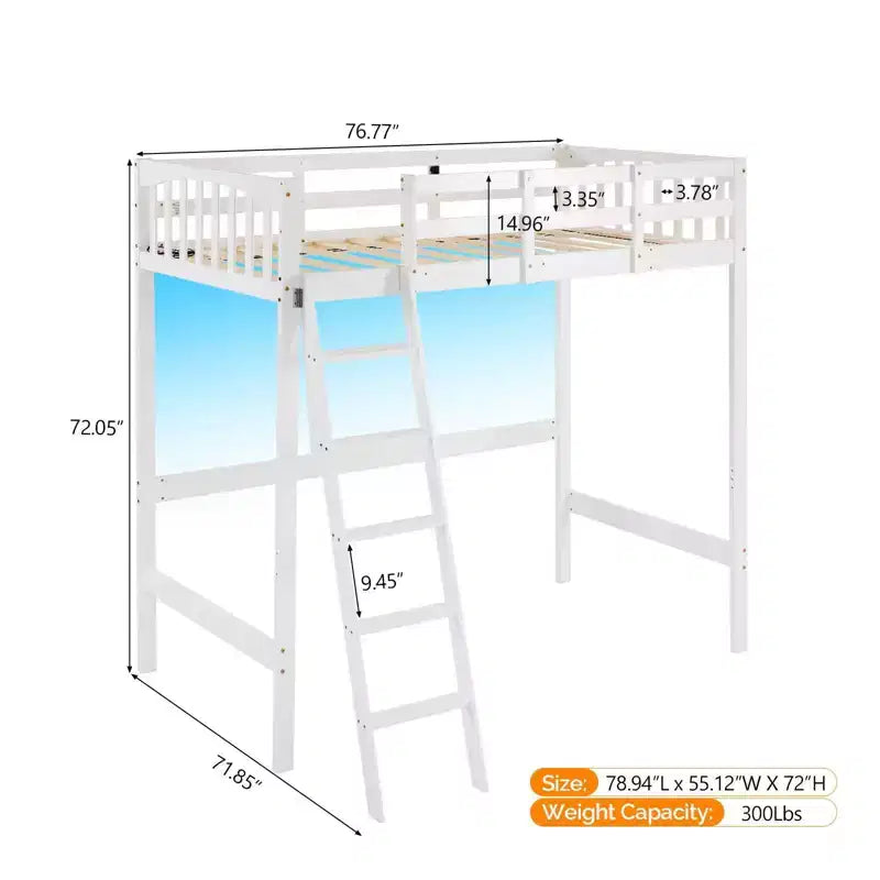 Lit mezzanine en bois massif taille double/complète avec station de recharge USB/LED avec barreaux plats