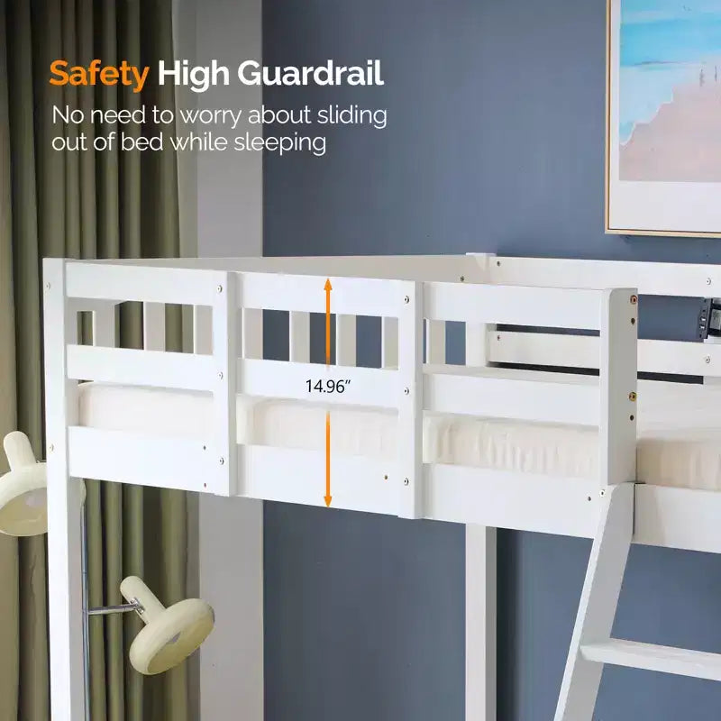 Lit mezzanine en bois massif taille double/complète avec station de recharge USB/LED avec barreaux plats