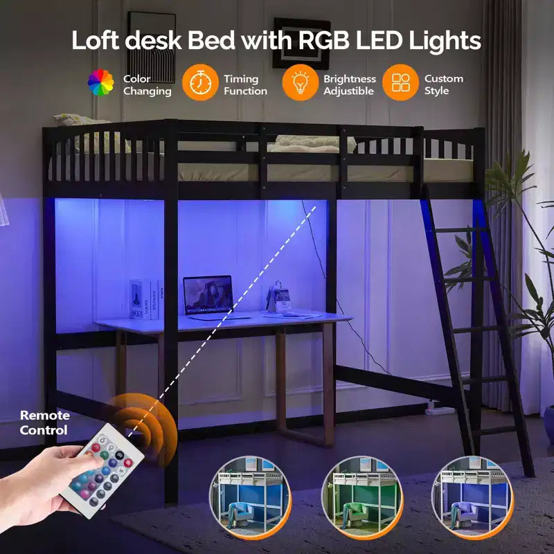 Lit mezzanine en bois massif taille double/complète avec station de recharge USB/LED avec barreaux plats