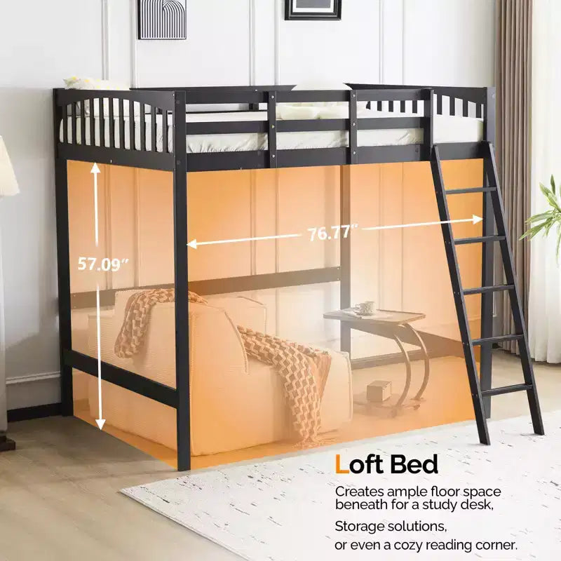 Lit mezzanine en bois massif taille double/complète avec station de recharge USB/LED avec barreaux plats