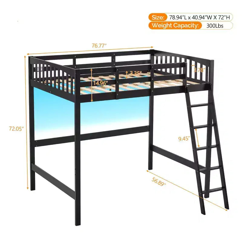 Lit mezzanine en bois massif taille double/complète avec station de recharge USB/LED avec barreaux plats