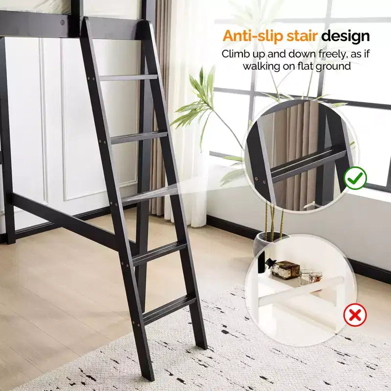 Lit mezzanine en bois massif taille double/complète avec station de recharge USB/LED avec barreaux plats