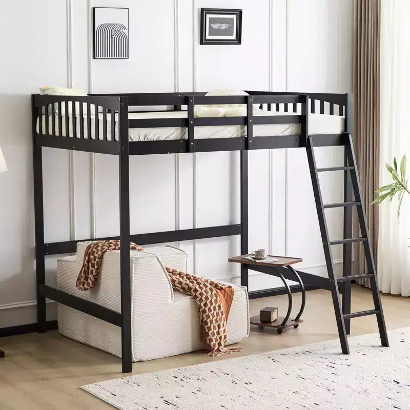 Karl Home Solid Wood Loft Bed Twin/Full Size with USB Charging Station/LED with Flat Rungs,Wood Slat Support No Box Spring Needed