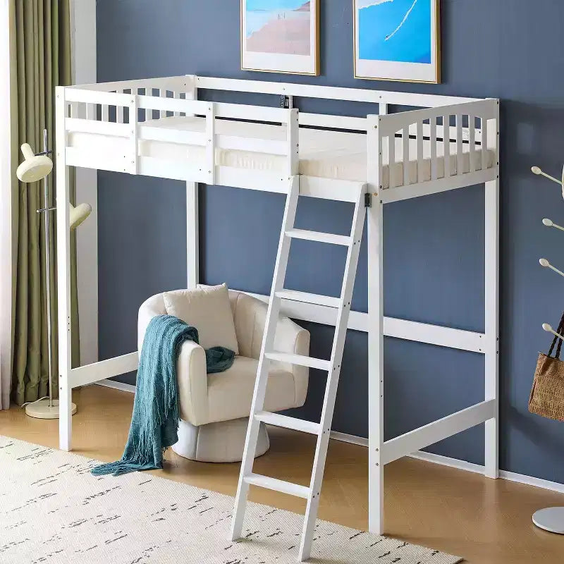 Lit mezzanine en bois massif taille double/complète avec station de recharge USB/LED avec barreaux plats