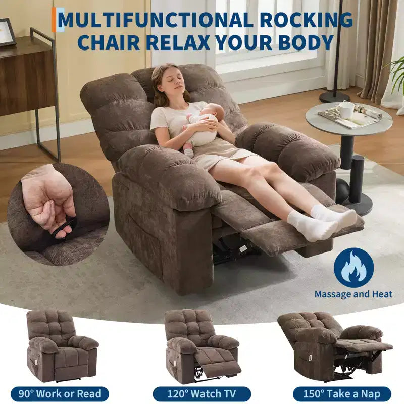 Fauteuil inclinable à bascule avec fonction de massage et de chaleur, tissu respirant ergonomique