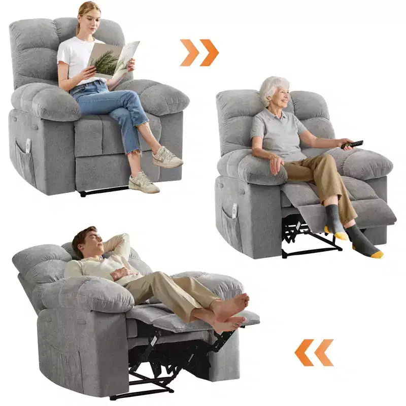 Fauteuil inclinable à bascule avec fonction de massage et de chaleur, tissu respirant ergonomique