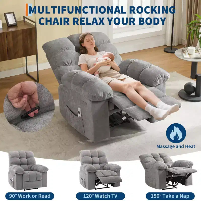 Fauteuil inclinable à bascule avec fonction de massage et de chaleur, tissu respirant ergonomique