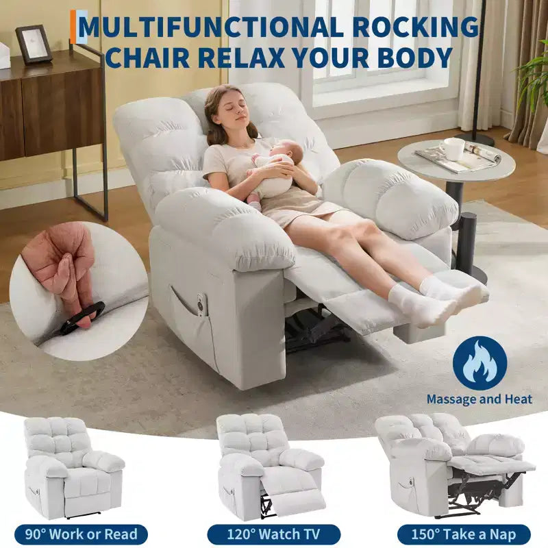 Fauteuil inclinable à bascule avec fonction de massage et de chaleur, tissu respirant ergonomique