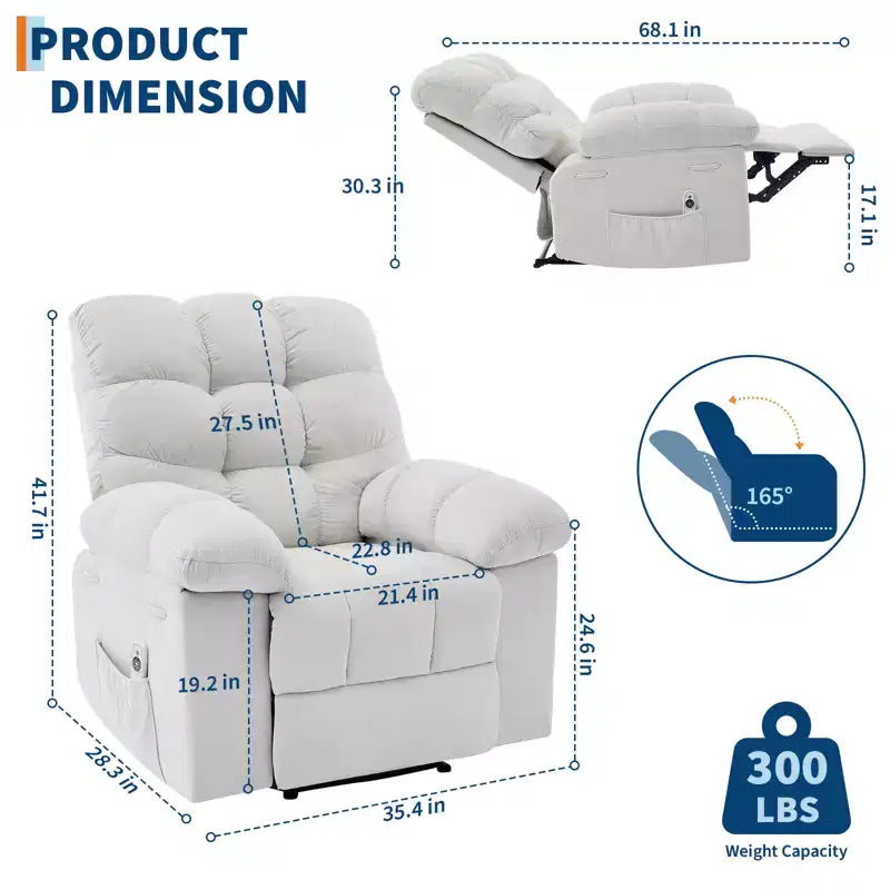 Fauteuil inclinable à bascule avec fonction de massage et de chaleur, tissu respirant ergonomique