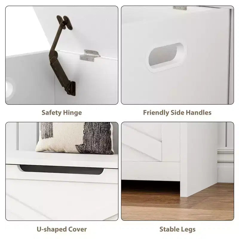 Coffre de rangement, Boîte de rangement avec charnières de sécurité, Banc à chaussures d'entrée