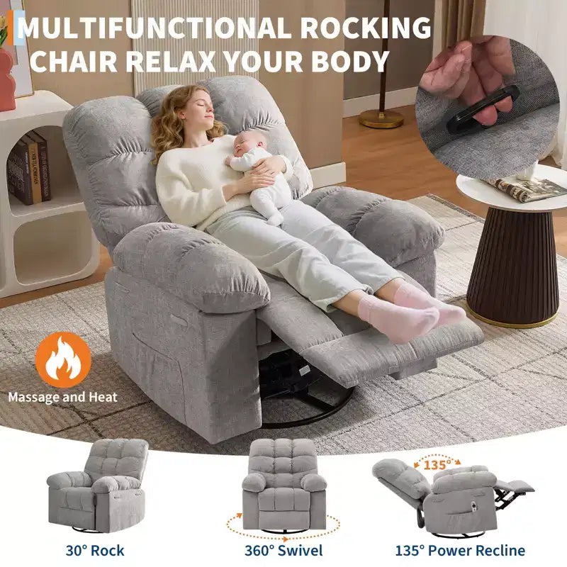 Fauteuil inclinable à bascule, fauteuil inclinable massant, fauteuil inclinable à bascule et pivotant à 360°