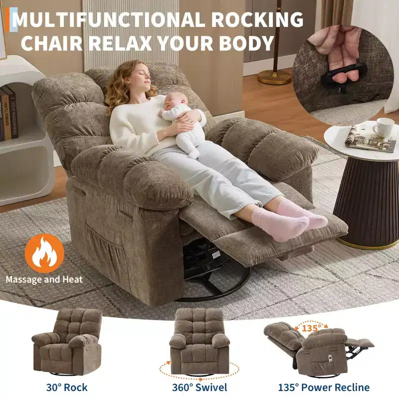 Fauteuil inclinable à bascule, fauteuil inclinable massant, fauteuil inclinable à bascule et pivotant à 360°