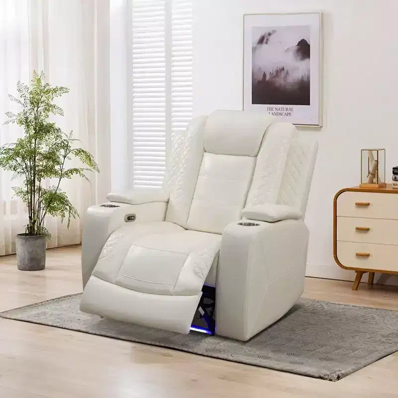 MAYEERTY Power Recliner Chair, Electric Leather Reclining Chair with USB Charging, Storage & Cup Holder for Living Room, White