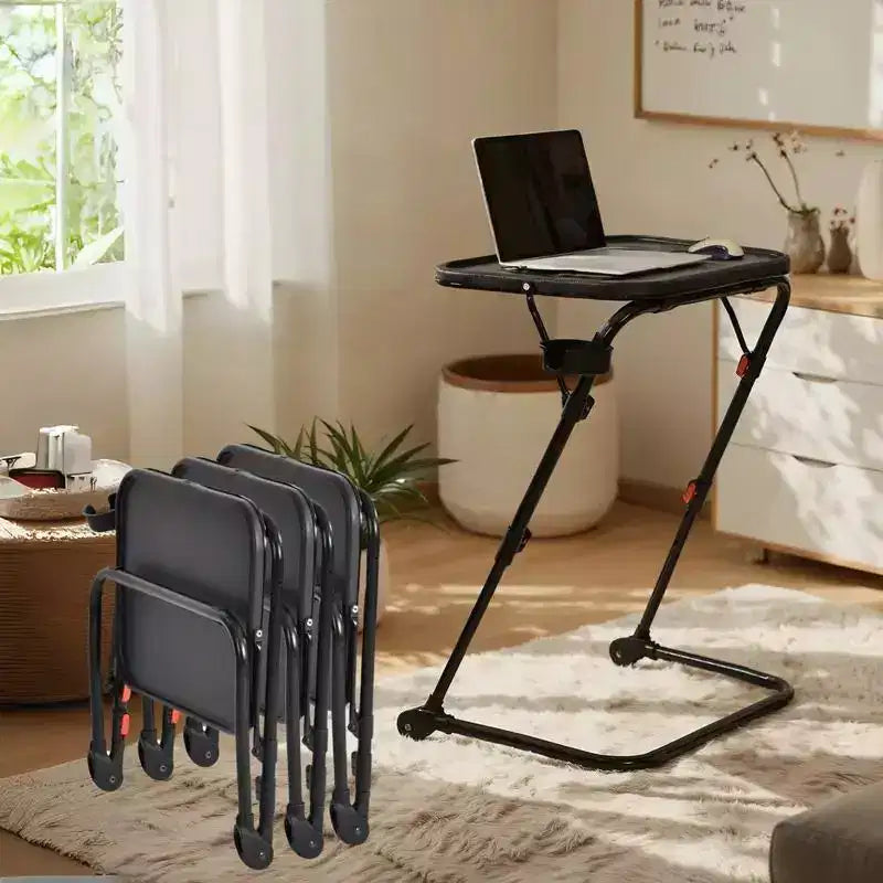 FurnitureR Adjustable Folding TV Tray with 4 Height & 3 Tilt Angle, Foldable Dinner Trays Laptop Snack Table with Cup Holder for Bed & Sofa, Set of 4