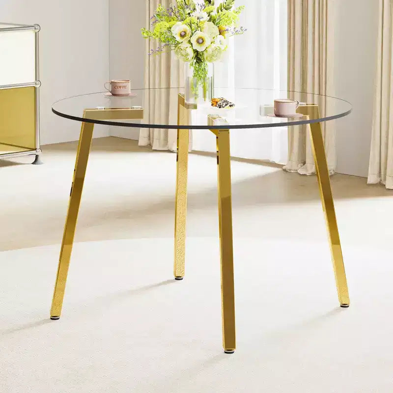 Okak 42IN Stylish Tempered Glass Dining Table, Kitchen Table with Gold Metal Legs, Round Table for Living Room, Dining Room, Kitchen, Gold