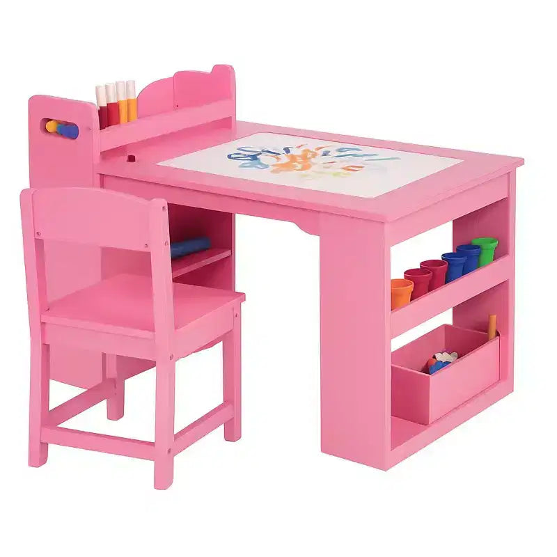 Art Table and Chairs Set, Wooden Activity Desk with Large Storage, Multi-Functional Art Desk