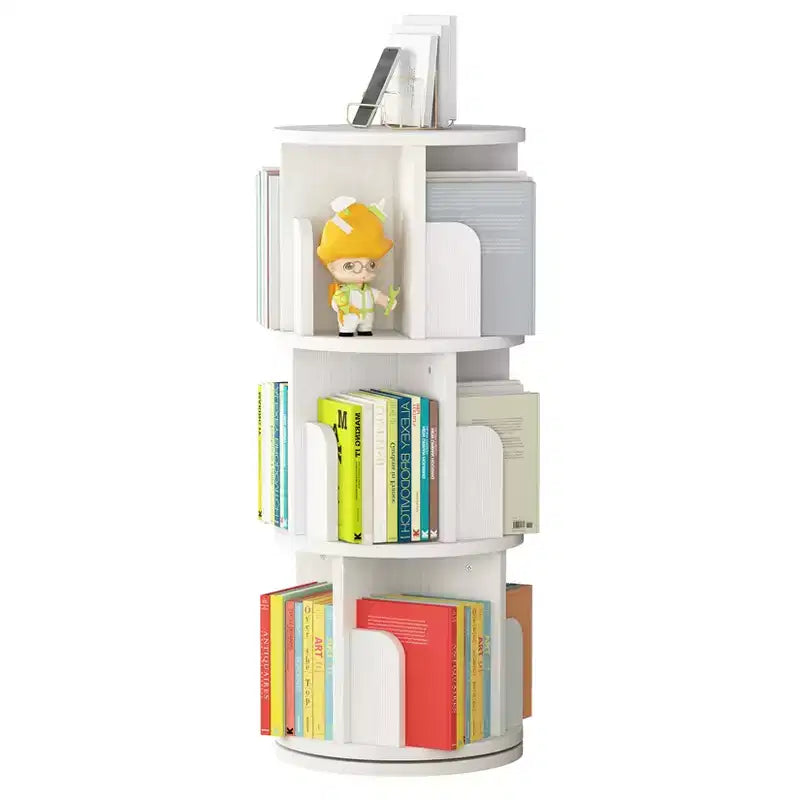 Three-tier bookshelf storage unit, suitable for children and adults. Compact corner rotating bookshelf for bedrooms and living rooms.