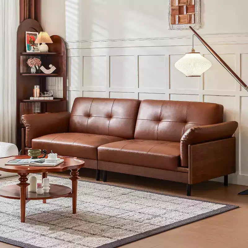ATJafurn 90Inch Mid Century Modern Brown Leather Couch With Solid Wood Exterior and Hand-Tufted, 4-Seater Retro Leather Sectional Sofa for Living Room