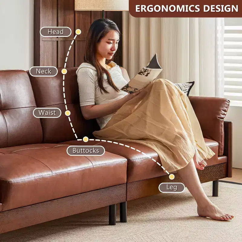 Canapé brun en cuir, style moderne du milieu du siècle, avec extérieur en bois massif et capitonnage fait main