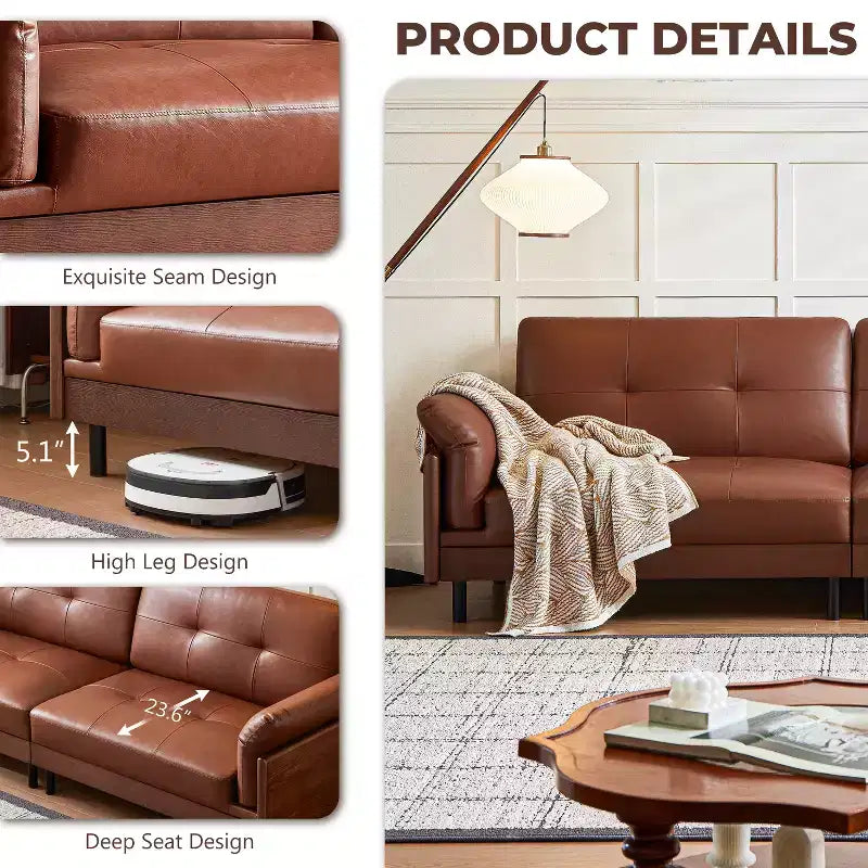 Canapé brun en cuir, style moderne du milieu du siècle, avec extérieur en bois massif et capitonnage fait main
