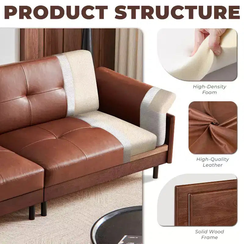 Canapé brun en cuir, style moderne du milieu du siècle, avec extérieur en bois massif et capitonnage fait main
