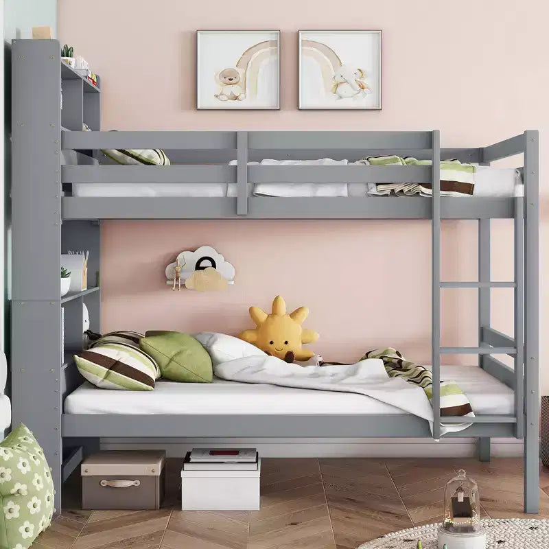 MAYEERTY Twin Bunk Bed with Shelves Headboard Sofety Guardrails and Ladder Cinvertible to 2 Beds for Bedroom Gray