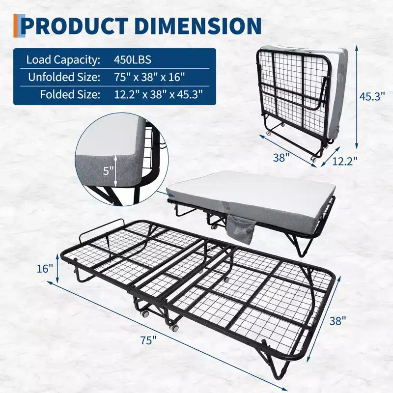 Lit pliant avec matelas, cadre en métal robuste supportant 204 kg