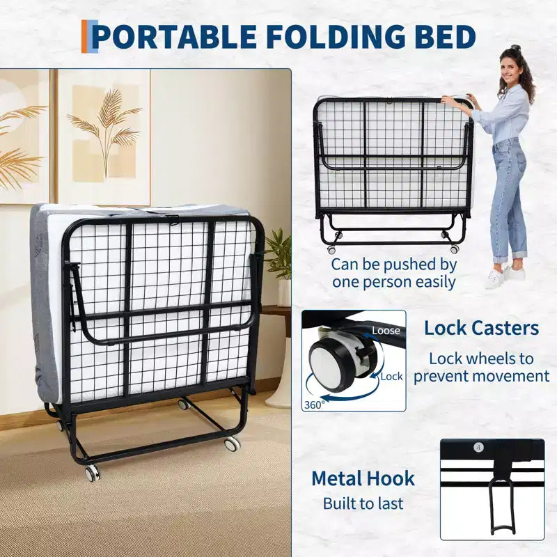 Lit pliant avec matelas, cadre en métal robuste supportant 204 kg
