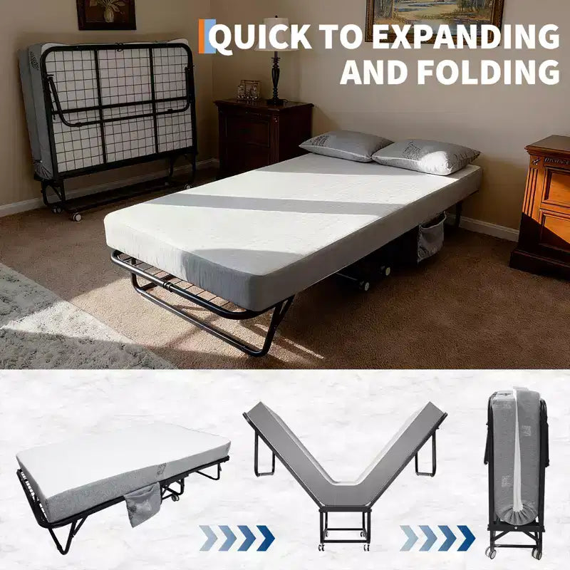 Lit pliant avec matelas, cadre en métal robuste supportant 204 kg