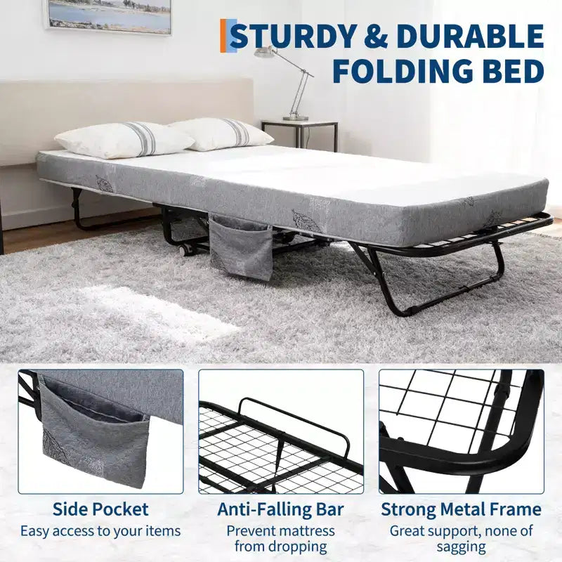 Lit pliant avec matelas, cadre en métal robuste supportant 204 kg