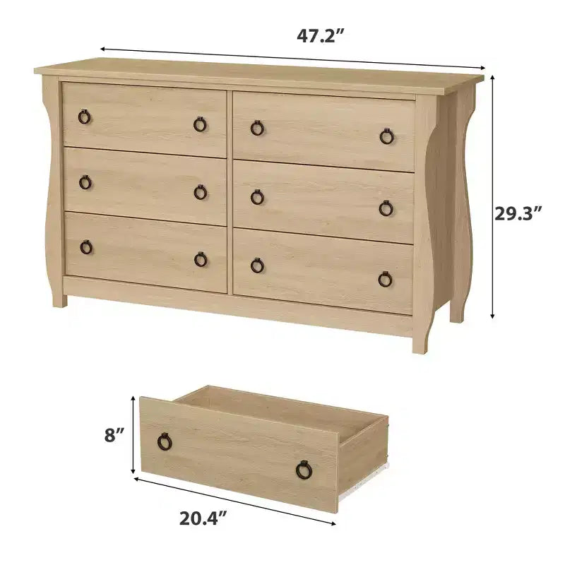 Commode 6 tiroirs pour chambre à coucher, 120 cm de large, meuble de rangement autonome en bois