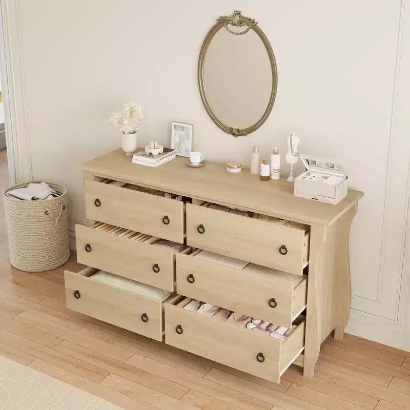 Commode 6 tiroirs pour chambre à coucher, 120 cm de large, meuble de rangement autonome en bois
