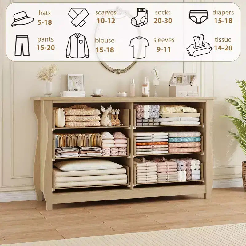 Commode 6 tiroirs pour chambre à coucher, 120 cm de large, meuble de rangement autonome en bois
