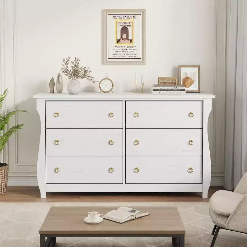Commode 6 tiroirs pour chambre à coucher, 120 cm de large, meuble de rangement autonome en bois