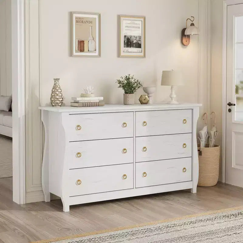 Commode 6 tiroirs pour chambre à coucher, 120 cm de large, meuble de rangement autonome en bois