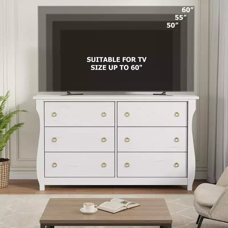 Commode 6 tiroirs pour chambre à coucher, 120 cm de large, meuble de rangement autonome en bois