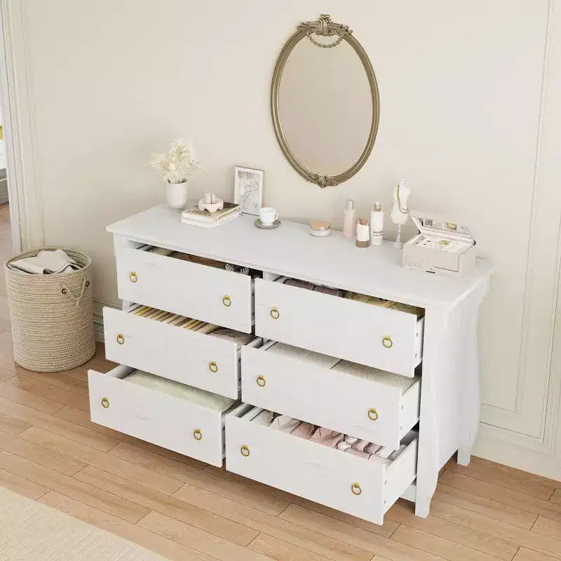 Commode 6 tiroirs pour chambre à coucher, 120 cm de large, meuble de rangement autonome en bois