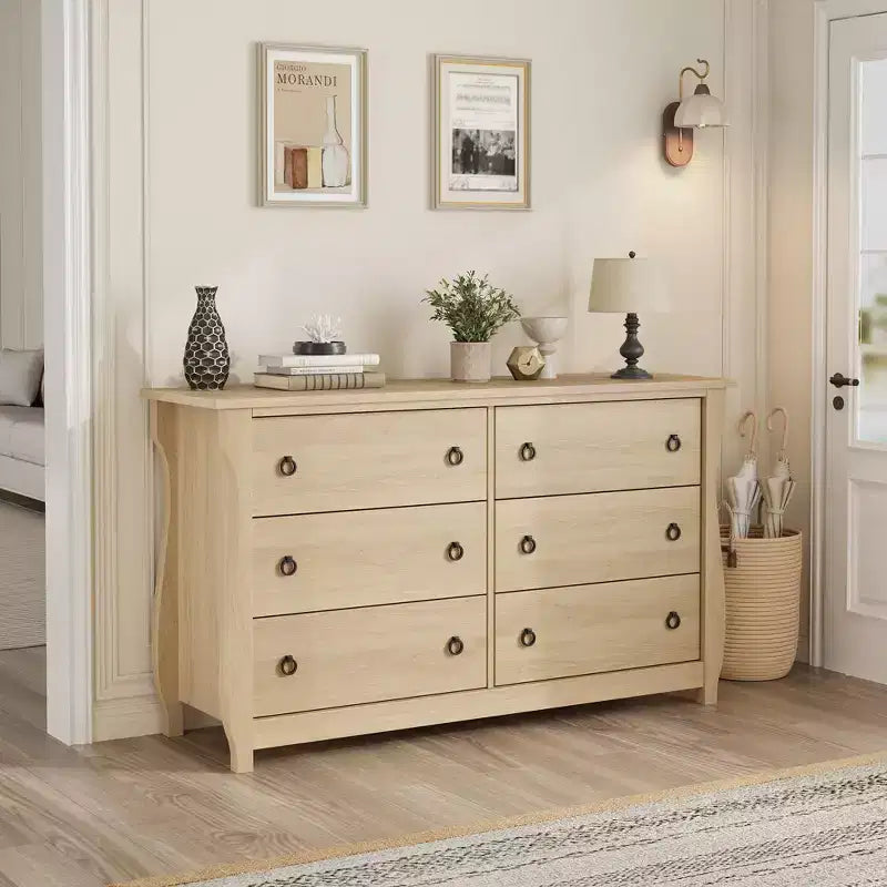 Commode 6 tiroirs pour chambre à coucher, 120 cm de large, meuble de rangement autonome en bois