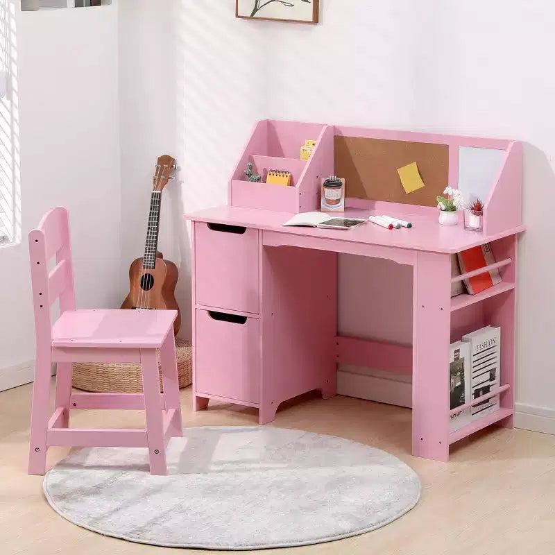 Study Desk and Chair Set, Learning Desk for Kids - Features Bookshelf, Bulletin Board, Cabinets- Perfect for Children Ages 3-8