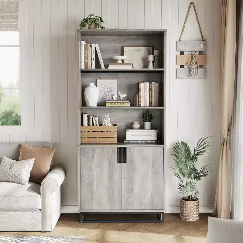 71in Tall Industrial Anti-tip Bookshelf with Metal Base & Handle, 5-Tier Farmhouse Wooden Bookcase with Adjustable Shelf for Living Room Office, Gray