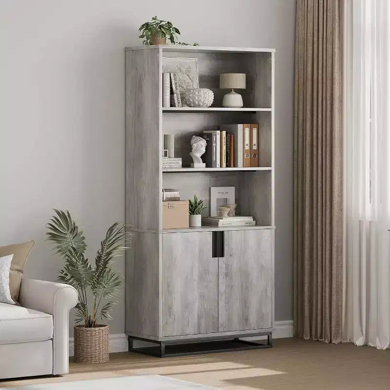 Bibliothèque anti-basculement industrielle avec base en métal et poignée, étagère à 5 niveaux en bois style ferme