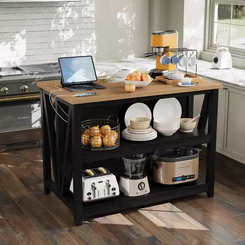 Meuble îlot avec LED et prise, meuble de rangement pour poste de travail de cuisine