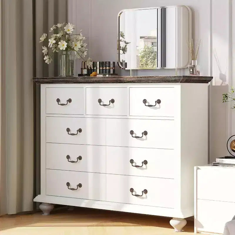 Vintage Frame 9-Drawer Cabinet (MDF+PB), White & Brown Color Block, Large Capacity, Decoration & Storage Cabinet for Living Room
